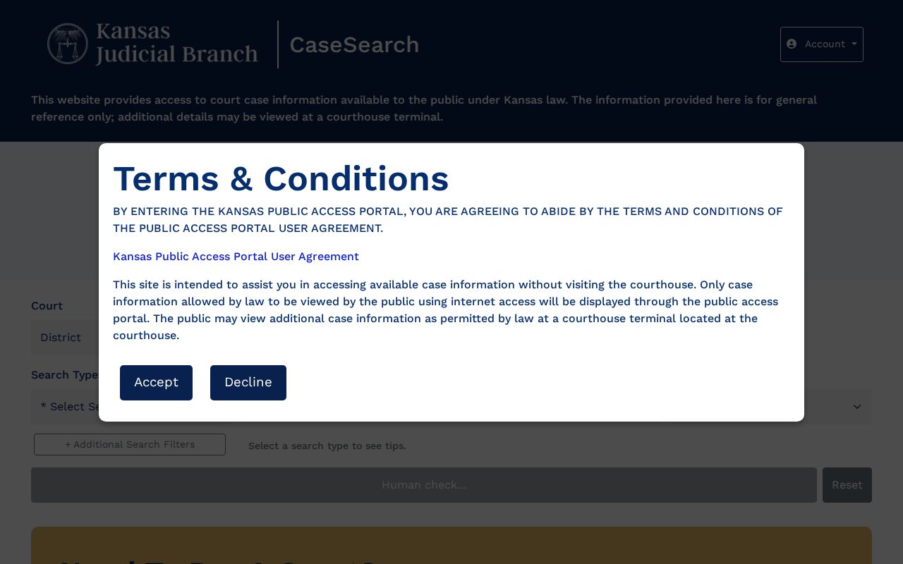 Cloud County court docket Kansas CaseSearch entry page