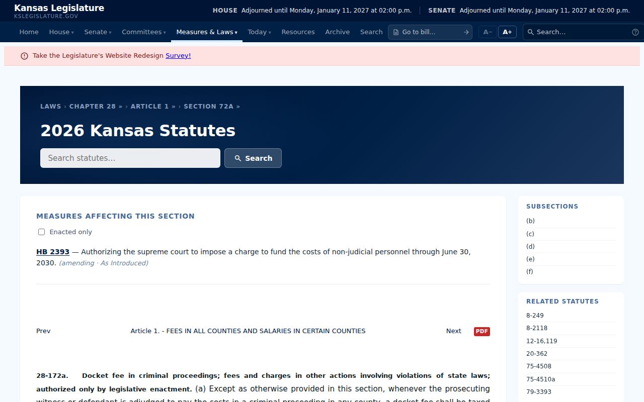 Cloud County traffic court docket fee statute