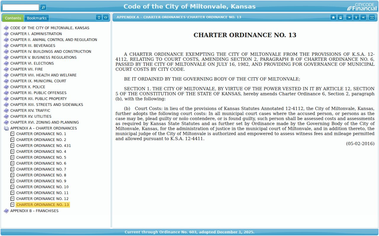 Miltonvale court records charter ordinance cost context
